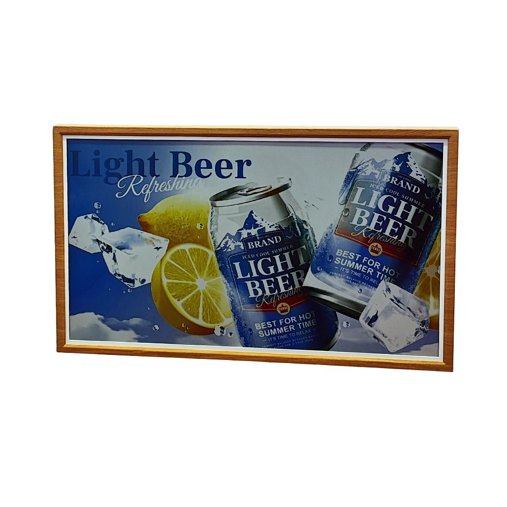 A large-format colour E-Ink poster display in a wooden frame showing a retail promotion