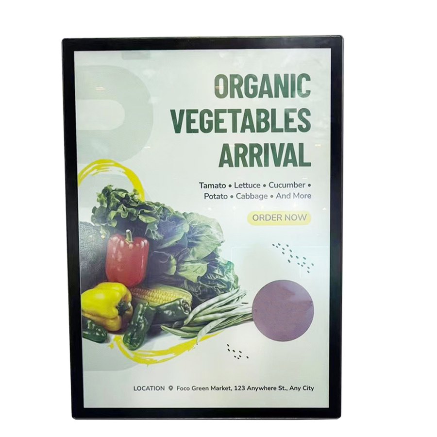 A 28-inch colour E-Ink poster display in a slim black frame